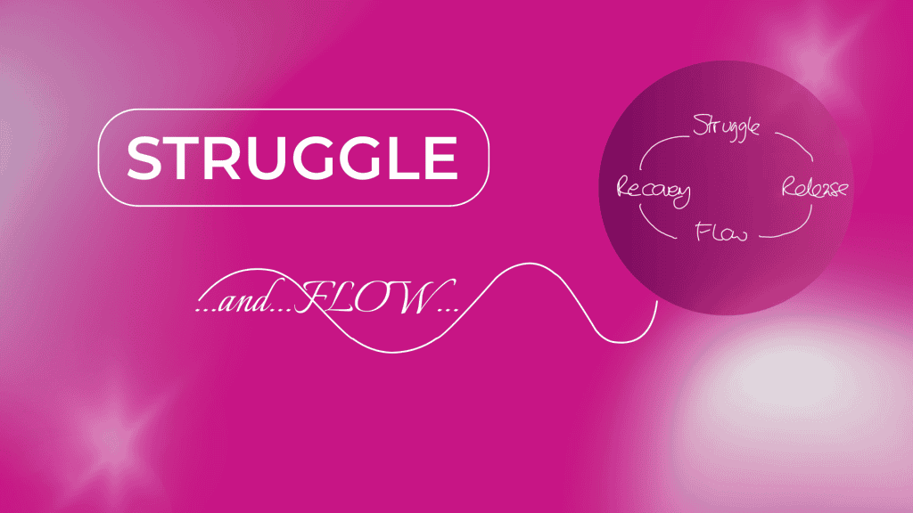 For your featured image: "Hand-drawn flow cycle diagram showing Build up, Release, Flow, and Recovery in a circular pattern, with the text 'STRUGGLE' in a rounded rectangle and '...and...FLOW...' in flowing script on a pink gradient background