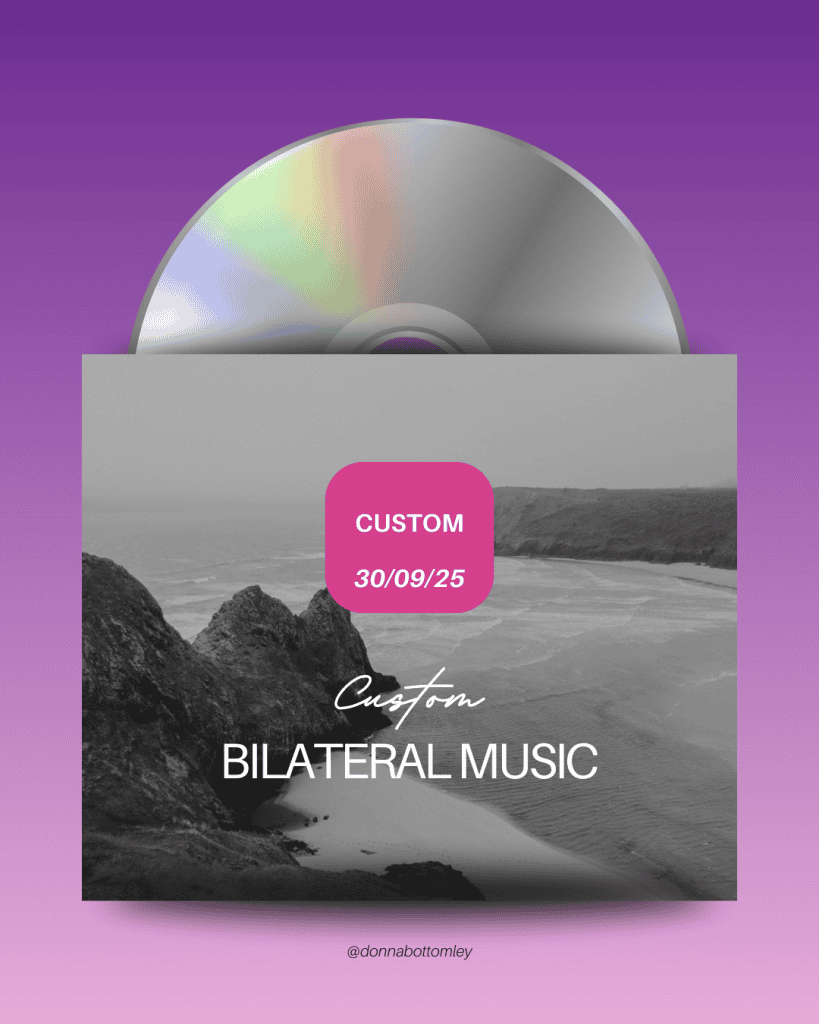 Silver CD sliding out of grey envelope with black and white beach scene. Purple Background