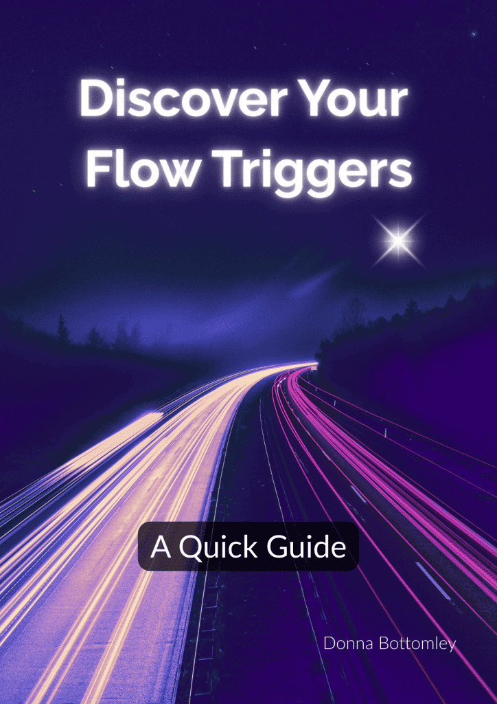 Dark blue background with light pink and dark pink light trails on a road. The text says 'Discover Your Flow Triggers'.