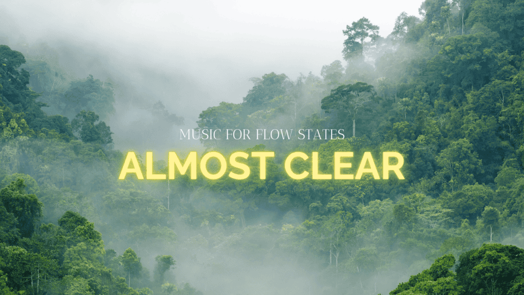 Almost clear text in yellow and white on a foggy forest tree background