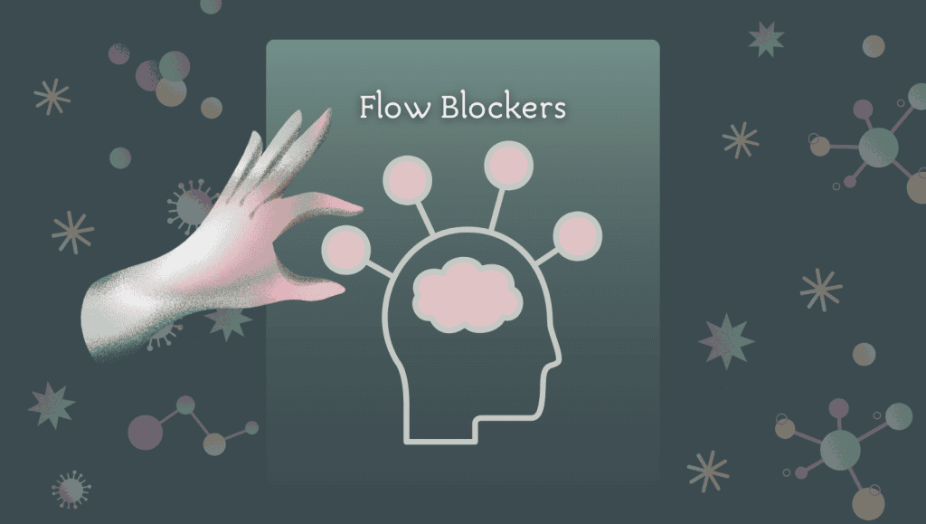 Flow blockers: image of pink hand picking pink circles from inside a line drawing of a head on green background