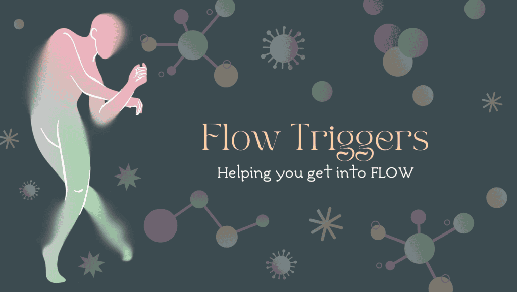 Flow Triggers: Pink and green human shape dancing against a dark green background