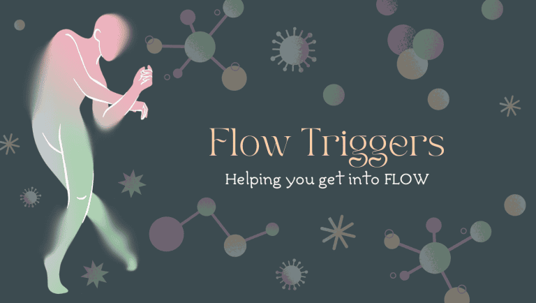 Flow Triggers: Pink and green human shape dancing against a dark green background
