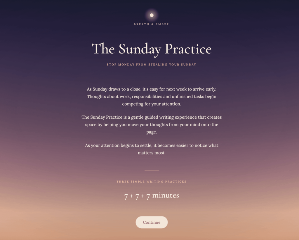 Dusk sky gradient, with white text The Sunday Practice